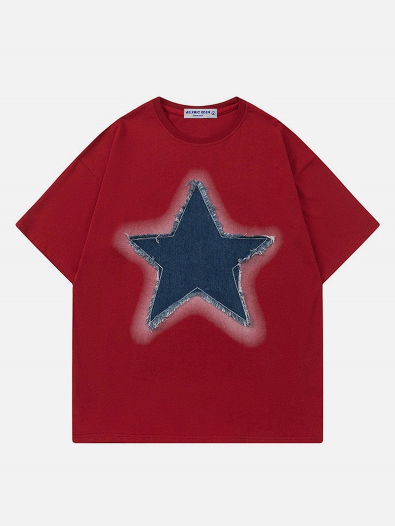 T Shirts Aelfric Eden Embroidery Denim Star Tee Grise Vert | CNM-80574835